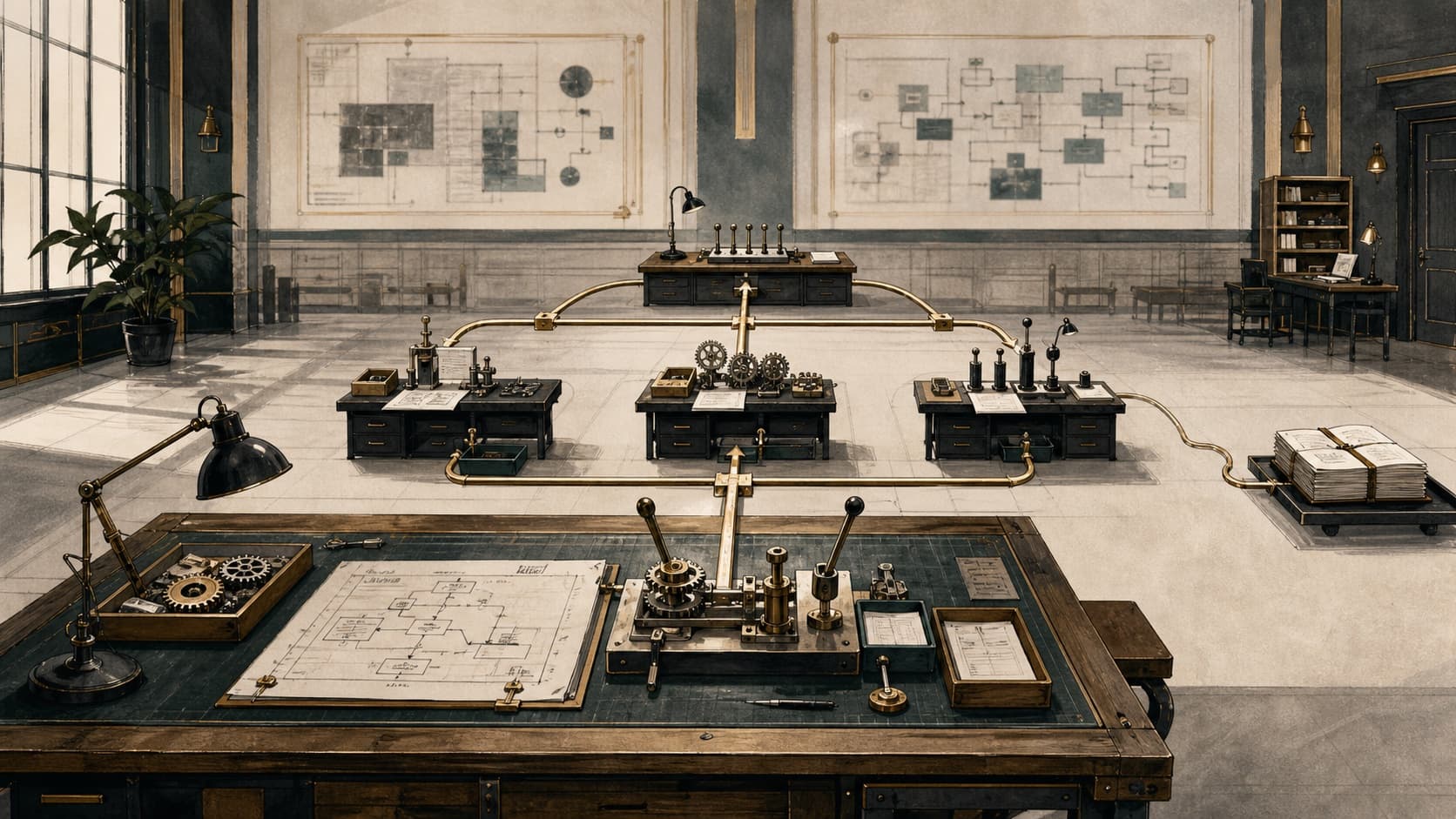 A single job on one workbench routes through a small coordinated system and emerges as a finished deliverable