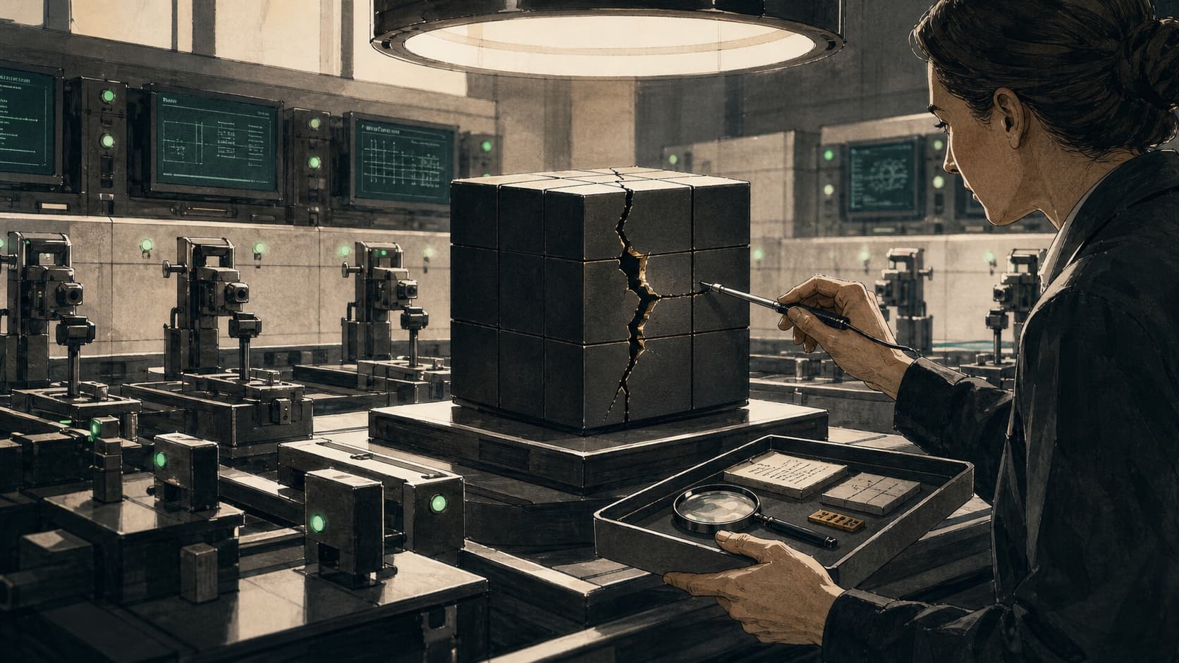 An inspection room glows green while an independent inspector discovers a fracture in the supposedly finished object
