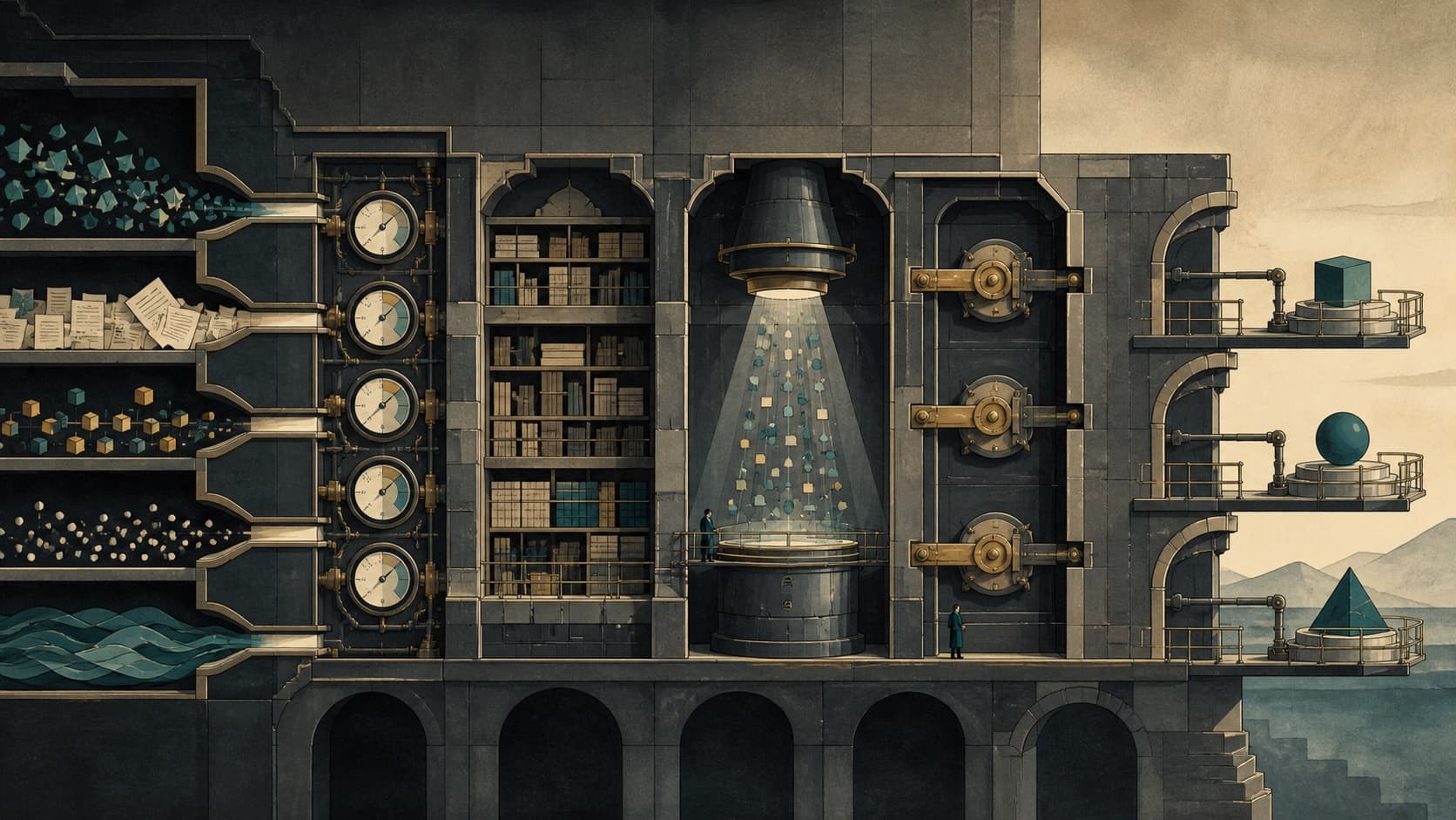 A layered control plane moves fragmented evidence through freshness, memory, attention, approval, and controlled action stages