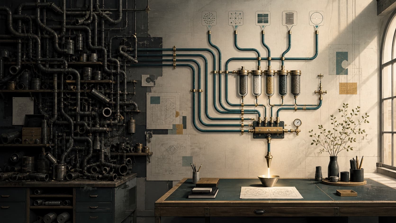A congested wall of pipes gives way to a small set of filtered conduits delivering one precise evidence stream