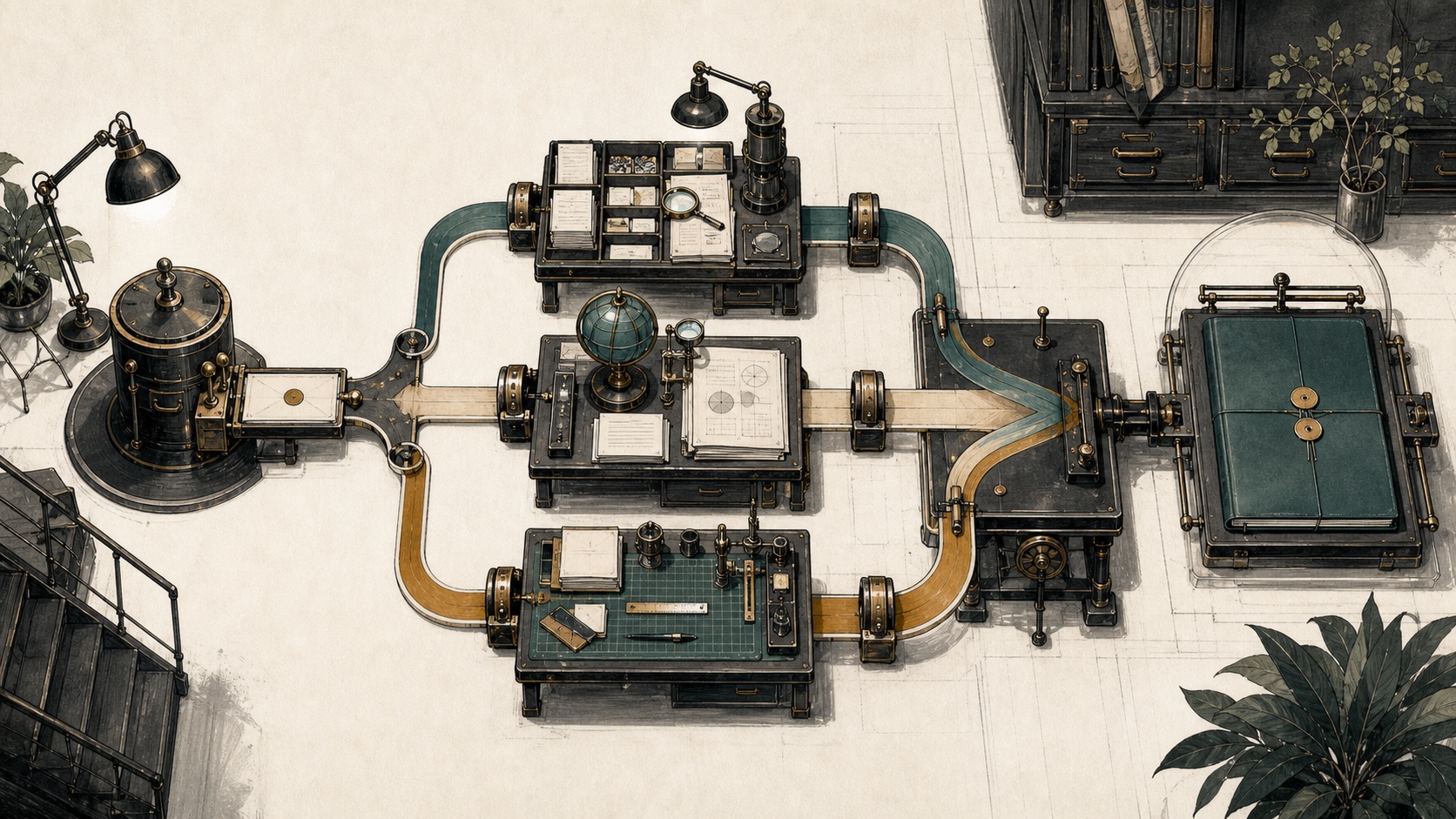 One dispatcher routes evidence to three specialist stations before their outputs converge into a single reviewed folio