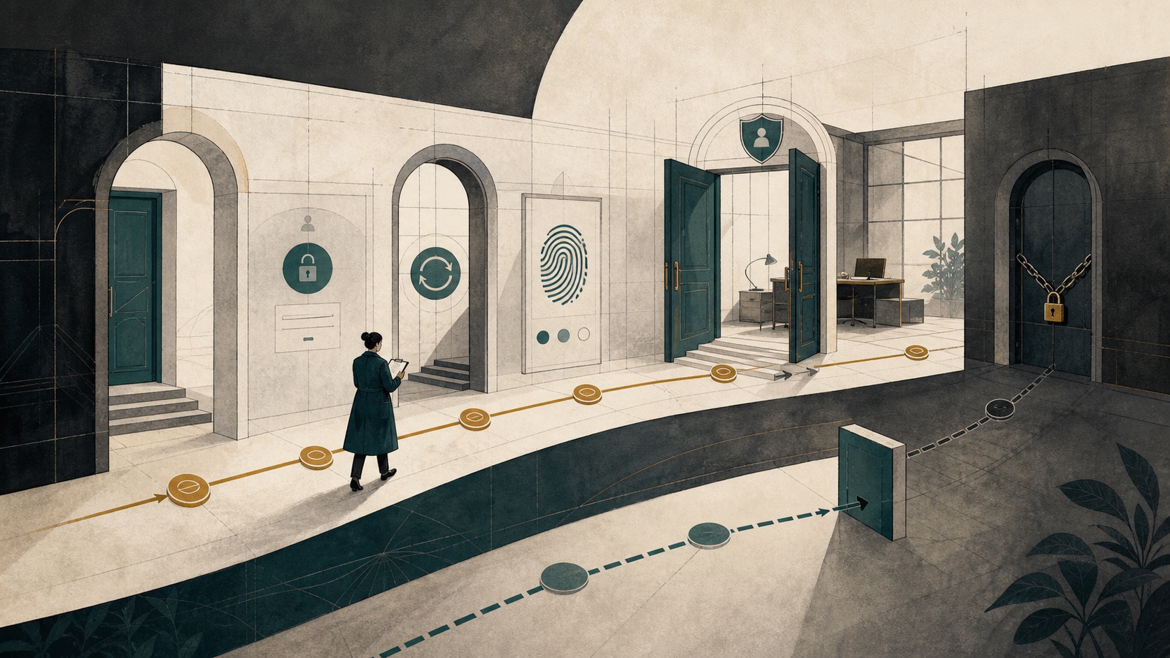 An independent inspector follows the complete identity journey while a shortcut test route ends before the difficult boundaries