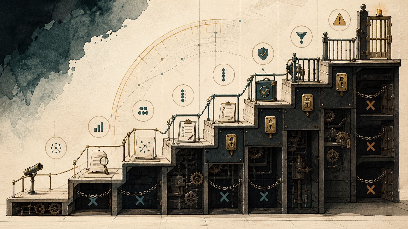 A seven-level authority staircase adds stronger evidence, narrower rails, and firmer locks at every stage