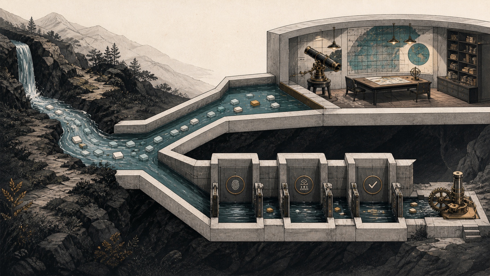 One evidence stream separates into an observatory for intelligence and a gated channel for verified obligations