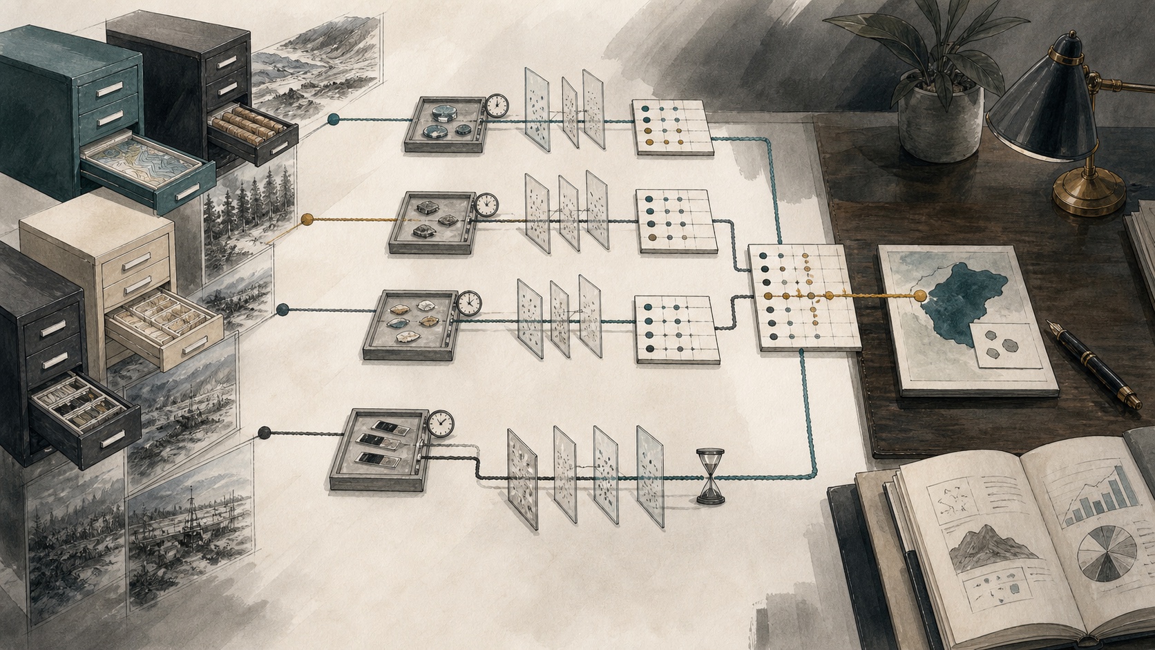 A finished briefing claim traces backward through merges, filters, observation times, and distinct source cabinets